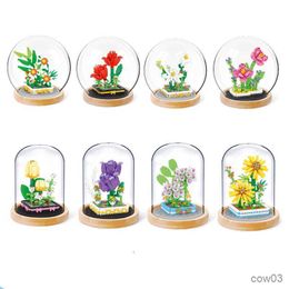 Blocks Boyu Diamond Particle Building Block Rose Camellia Daisy Sunflower Tulip Pot Flower Decoration with Transparent Display R230720