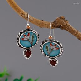 Dangle Earrings Exquisite Blue Lotus Dropped Ears Women's Ethnic Jewellery Red Teardrop Metal Declaration Pendant Gift