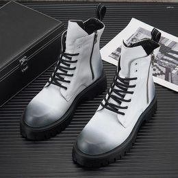 Boots Men's Fashion High Motorcycle Black White Shoes Punk Party Dress Genuine Leather Platform Boot Handsome Long Botas Zapatos