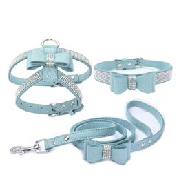 Dog Collars Leashes Adjustable Chest Strap With Buckle Soft Suede Bow Pet Cat Harness Leather High Quality Collar 3 Piece Set 230719