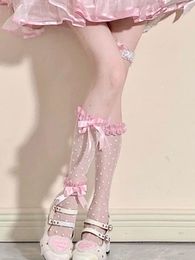 Women Socks Kawaii Lolita Lace Black And White Fishnet Female Japanese Pink Bow Personality Dot Print Knee-length Cute Sexy 2023