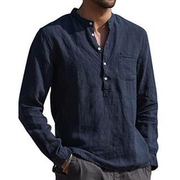 Men's Casual Shirts Men Solid Colour V Neck Long Sleeve Shirt Simple Button Pocket Top Cotton Linen Skinfriendly Daily Wear 230718