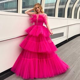 Hot Pink Tiere Ball Gown Prom Dresses Sweetheart Beaded Ruffles Layered Celebrity Dress Multilayered Fuchsia Tulle vestidos de noche