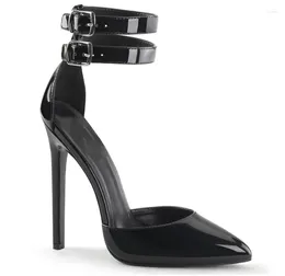 Dress Shoes Patent Leather Pointed Toe Stiletto High Heels Sexy Beautiful Black Elegant Double Buckle Belt Model Catwalk
