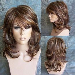 Medium Side Bang Highlighted Layered Slightly Curled Brown Hair Synthetic Wig259l