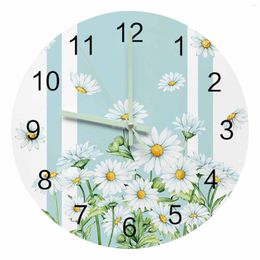 Wall Clocks Summer Flowers Daisies Watercolor Blue Luminous Pointer Clock Home Ornaments Round Silent Living Room Decor