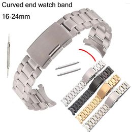 Watch Bands Curved End Band Solid Stainless Steel Strap 16 18 20 22 24mm Replacement Wrist Bracelet Fold Buckle W Pins