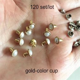 120 Sets 6mm Half Round Pearl Metal Cup Rivet Studs White Pearl With Gold-color Metal Cup DIY Rivet For Clothing Shoes Hat 313Y