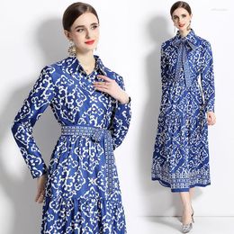 Casual Dresses Temperamental Blue Colour Floral Mid Length Spring For Female Big Swing Corest Long Sleeve Office Lady Vestidos With Belt