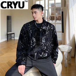 Men's Jackets CRYU Trendy Sequin Patchwork Black Jacket 2023 Streetwear Fashion Lapel Short Coat Autumn Zipped Cloth 9A1110