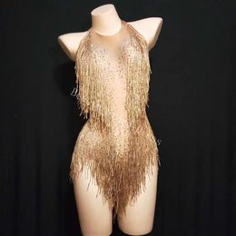 Body com borla dourada brilhante, strass, fantasia, contas, fantasia, peça única, roupa de dança, cantor, collant de palco, cocar, macacão 275I