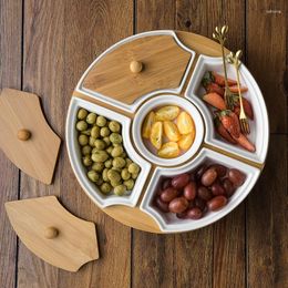 Plates Creative Ceramic Five Grid Rotating Platter With Lid Tray Candy Fruit Plate Large Divided Snack Home Decoration