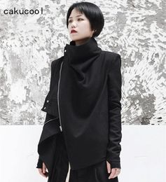 Women's Jackets Cakucool Women Zipper Jacket Turtleneck Cool Gothic Black Coat Cardigan Autumn Asymmetric Motorcycle Basic Jaqueta Feminino