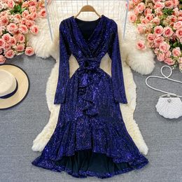 Casual Dresses Elegant Chic Glitter Sequin Evening Split Dress Mermaid Birthday Party Ceremonial Vestidos Women Sexy Fashion Slim Robe