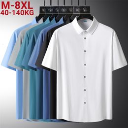 Mens Casual Shirts Large 8XL Summer Solid Short Sleeve Loose Elastic Black and White Quick Dry Silk Shirt 230718