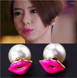 Stud Earrings Korean Double-sided Pearl Red Lips Sweet Fashionable Temperament Ear Studs Front Rear Ornaments Female