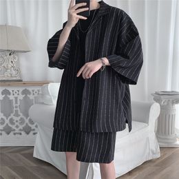 Men's Tracksuits Summer Shorts Suit Korean Loose Shirt Striped Sportswear Short sleeved Elastic Band Waist Oversized Clothing5XL 230719