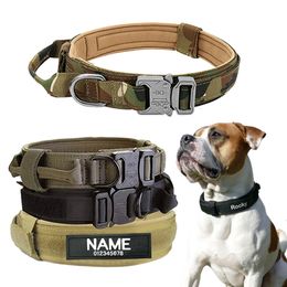 Dog Collars Leashes Dog Collar With Dog Tag Nylon Adjustable Military Tactical Large Dog Collar With Handle Training Running Personalized 230718
