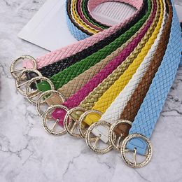 Belts 2023 Fashion Women Braided Bright Colours Circular Gold Buckle Ladies Leather Waist Ornament No Holes All Matching