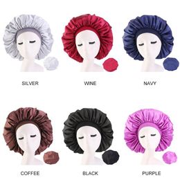 10pcs lot ladies womens satin silk solid bonnet beanies sleep night cap head cover hat elastic stretchy perm hair oversized size176B