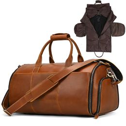 Duffel Bags Luufan Crazy Horse Leather Man Folding Suit Bag Business Travel Bag With Shoe Pocket Cowhide Cover Luggage Duffel Bag For Suits 230719