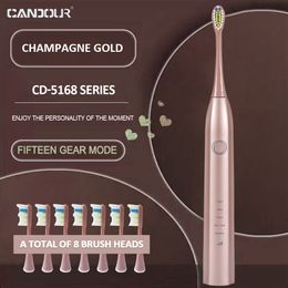 Toothbrush CANDOUR CD-5168 Sonic Electric Toothbrush Rechargeable Toothbrush IPX8 Waterproof 15 Mode USB Charger Replacement Heads Set 230718