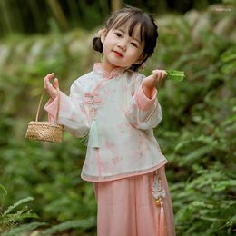 Ethnic Clothing 2023 Kawaii Pink Stand Collar Handmade Buttons Floral Printed Tang Suit Blouse Pants Children Girls Oriental Baby Clothes