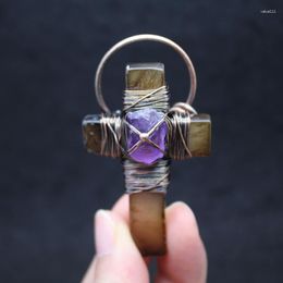 Pendant Necklaces Antique Copper Cross Natural Gem Stone Necklace Wire Wrapped Agates Quartz Amethysts Purple Crystal For Women