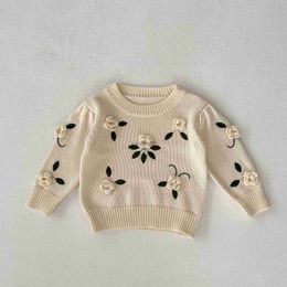 Pullover New Autumn Winter Boy Children Handmade Flower Embroidery Pullover Sweater Girl Infant Knitted Casual Tops Baby Cotton Knitsuit HKD230719