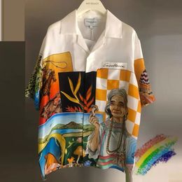 Mens Casual Shirts Orange Silk Casablanca Shirt 1 Quality Portrait Printing Hawaiian Beach 230718