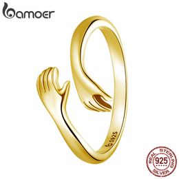 Bamoer 925 Sterling Silver Embrace Ring Hug Warmth and Love Women 18 K Metal Texture Gold Adjustable Ring