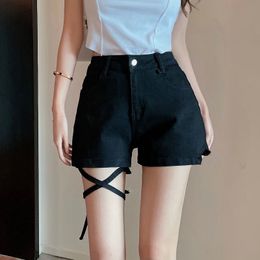 Sexig ihålig oregelbunden designband Streetwear Denim Shorts Women High midja Retro Casual Shorts Slim All Match Black Shorts
