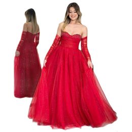 Vintage Red Sweetheart A Line Prom Dresses Pleat Detachable Sleeve Special Ocn Dress Glitter Tulle With Beaded Vestidod De Soiree 326 326