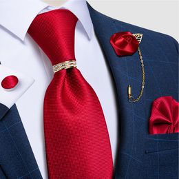 Neck Ties Luxury Red Solid Paisley Silk Ties for Men with Tie Ring Brooch Pin Wedding Party Men Accessories Handkerchief Cufflinks Gift 230719
