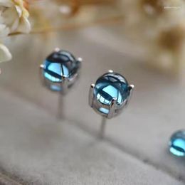 Stud Earrings Natural Blue Topaz Gem Gemstone Elegant Small Bubble Round S925 Silver Women Office Gift Jewelry