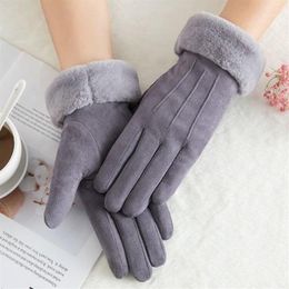 Five Fingers Gloves Winter Female Double Thick Plush Wrist Warm Cashmere Cute Cycling Mittens Women Suede Leather Touch Screen Dri306M