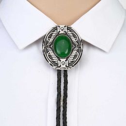 Bolo Ties Green Aventurine bolo tie for man Indian cowboy western cowgirl leather rope zinc alloy necktie Oval shape wave side HKD230719