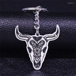 Keychains 2023 Bohemian Bull Head Stainless Steel Keyring For Men Silver Colour Jewellery Llaveros Para Mujer K2S06