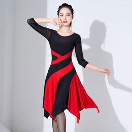 Stage Wear Black Red Irregular Latin Dance Dress 7/4 Sleeve Square Jitba Female Practise Skirt Adult Costume Rumba Stripe Stitching HI-Q