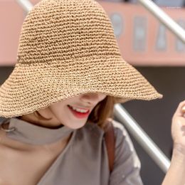 Wide Brim Hats Women Fashion Summer Straw Handmade Crochet Folded Beach Sun Hat Ladies Outdoor Protection Panama Caps