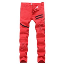 Red Slim Mens Biker Zipper Jeans Men Clothing Fit Straight Biker Ripper Zipper Full Length Men's Pants Casual Long Pants246l