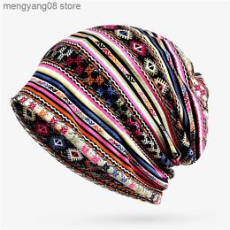 Beanie/Skull Caps Boho Style Women Beanie Cap Winter Floral Print Warm Hat Fashion Soft Thermal Skullies Hat Female Scarf Bonnet T230719