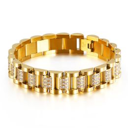 High Quality Gold Color Watchband Chain Bracelets Stainless Steel Rose CZ Crystal Zircon Biker Link Bracelets Bangle Jewelry For M261F