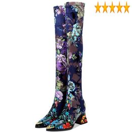 Boots Women Winter Over The Sexy Knee Pointed Toe Block High Heels Slip On Lady Vintage Floral Printed Slim Stretchy Shoes