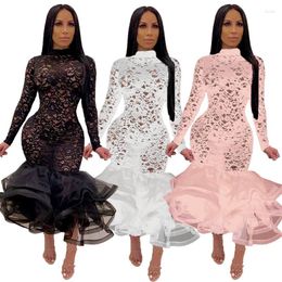 Casual Dresses Sexy Lace Long Party Dress Organza Ruffled Bottom Club Women Sleeve See Through Evening Solid Runway Clothes