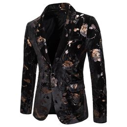 Mens Hipster Black Gold Rose Floral Bronzing Blazer Jacket Nightclub Men Suit Jacket Wedding Stage Singer Prom Slim Fit Blazers299p