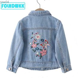 Down Coat 2020 Spring Summer Girls Jeans Jackets Kids Coats Outerwear Embroidered Long Sleeve Button Denim Jackets For Girls Clothes 2-8 L230625