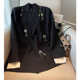 Women's Suits Fashion Black Blazer Coat Design Stitching Colour Contrast Drill Button Decorative Key Suit 1 Pcs
