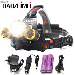 Headlamps 8000LM 3x XML T6 headlamp zoomab rechargeab D headlight head lamp flashlight torch linterna+2x18650 battery+AC/car charge HKD230719