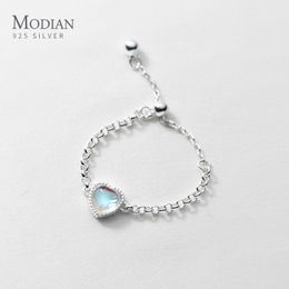 MODIAN New 925 Sterling Silver Natural Heart Moonstone Adjustable Finger Ring For Women Fine Jewelry Eternity Link Chain Ring